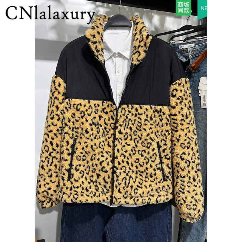 CNlalaxury Men Winter Splicing Leopard Print Casual Outerwear Stand Collar Long Sleeve Thermal Fleece Jacket Zipper Jackets Male