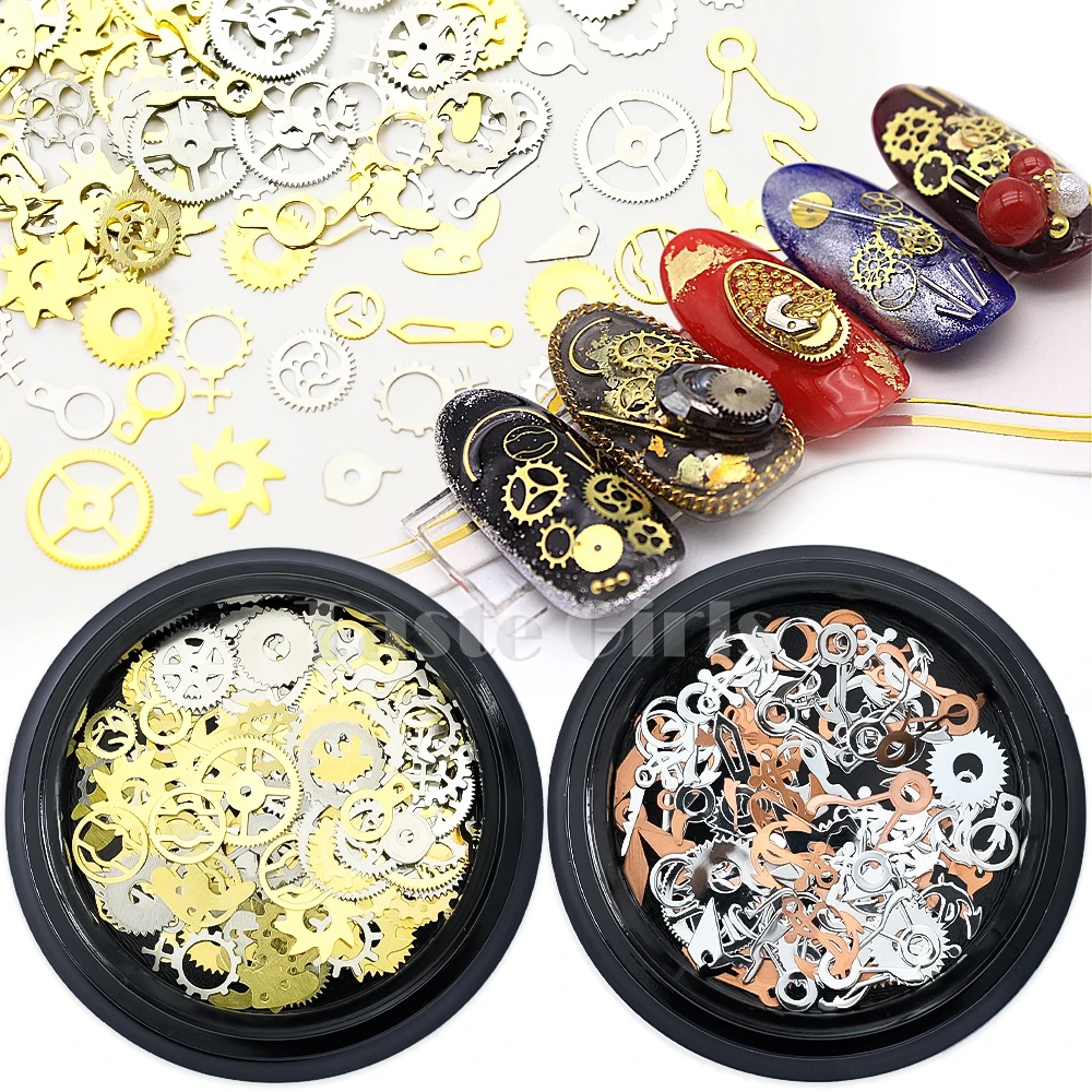 

1 Jar Gold Silver Bronze Mix Shapes Thin Metal Gear Wheel Anchor Alloy Nail Art Sequins Decals Manicure Slice Accessories Tips