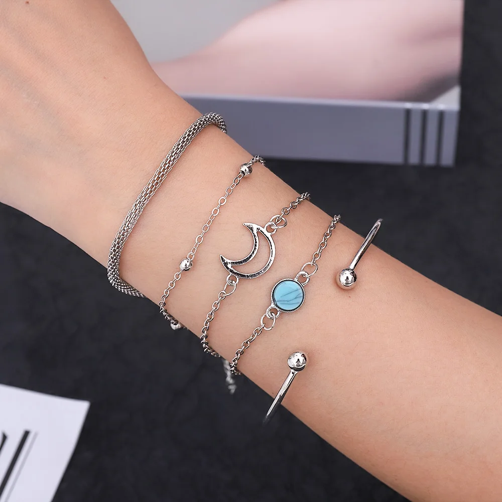 

Simple New Chain Newly Inlaid Turquoise Bracelet Female Personality Moon Bead Chain Bracelet 5 Piece Set Jewelry Wholesale