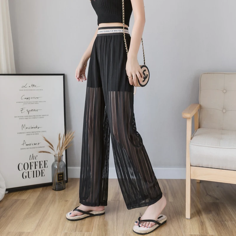 Cheap wholesale 2022 spring summer new fashion casual Popular long women Pants woman female OL Mesh Chiffoon sunscreen  wide leg