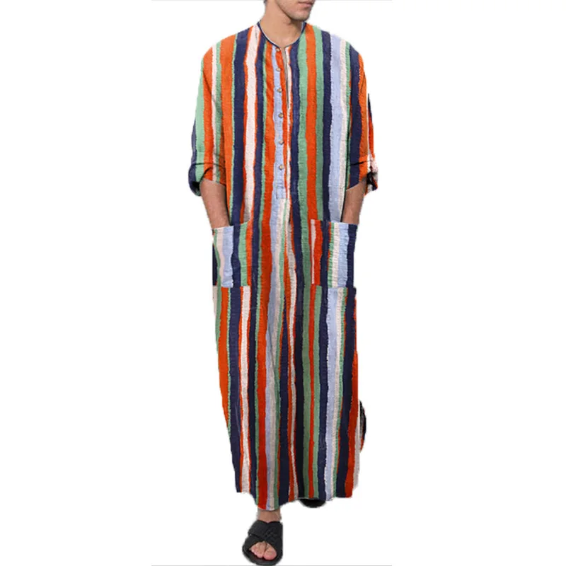 Men's Islamic Arabian Patchwork Striped Hooded Zipper Muslim Robe Autumn Fashion Casual Loose Arabian Islamic Robe 2022