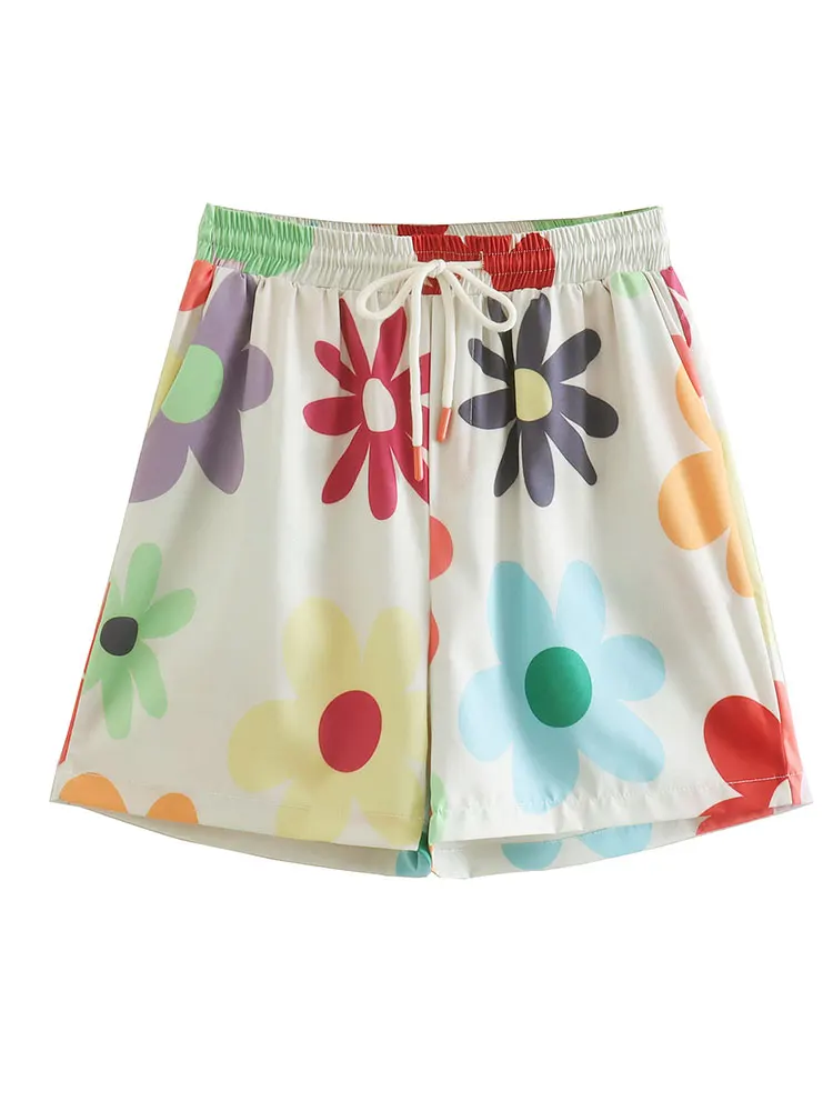 

Модные женские шорты Nlzgmsj ZBZA 2022, женские шорты на шнуровке с цветочным принтом, ретро шорты с высокой талией 202203