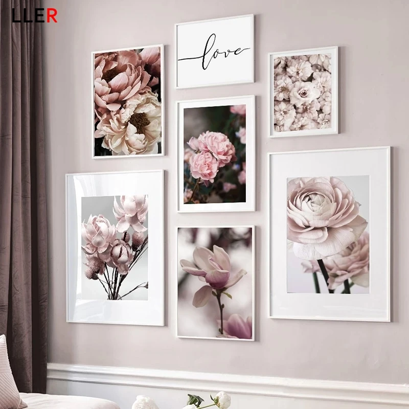 Розовая Роза Пион цветущий персик Магнолия настенная Картина на холсте