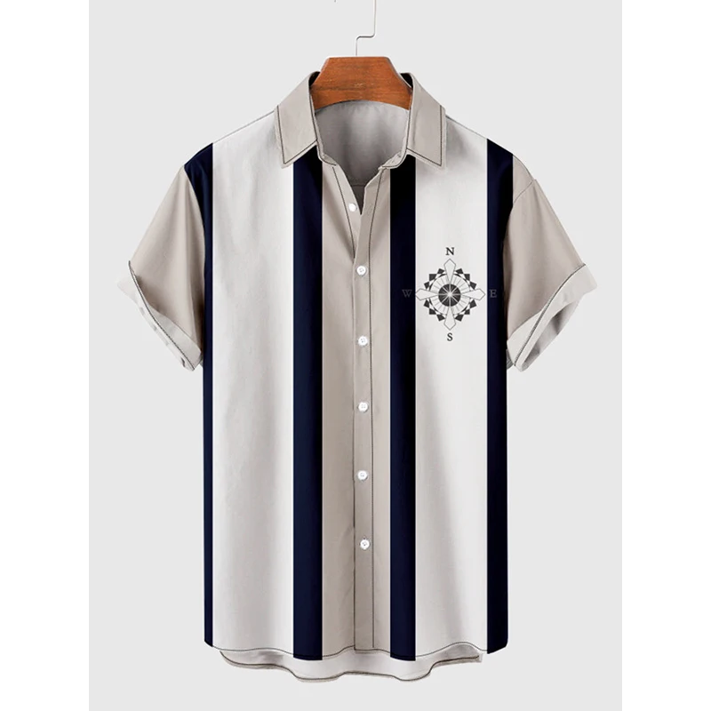 

50s Light Gray-Navy Stripe Compass Printing Button Down Men‘s Short Sleeve Tee Shirt Men Oversized Blouse Tops