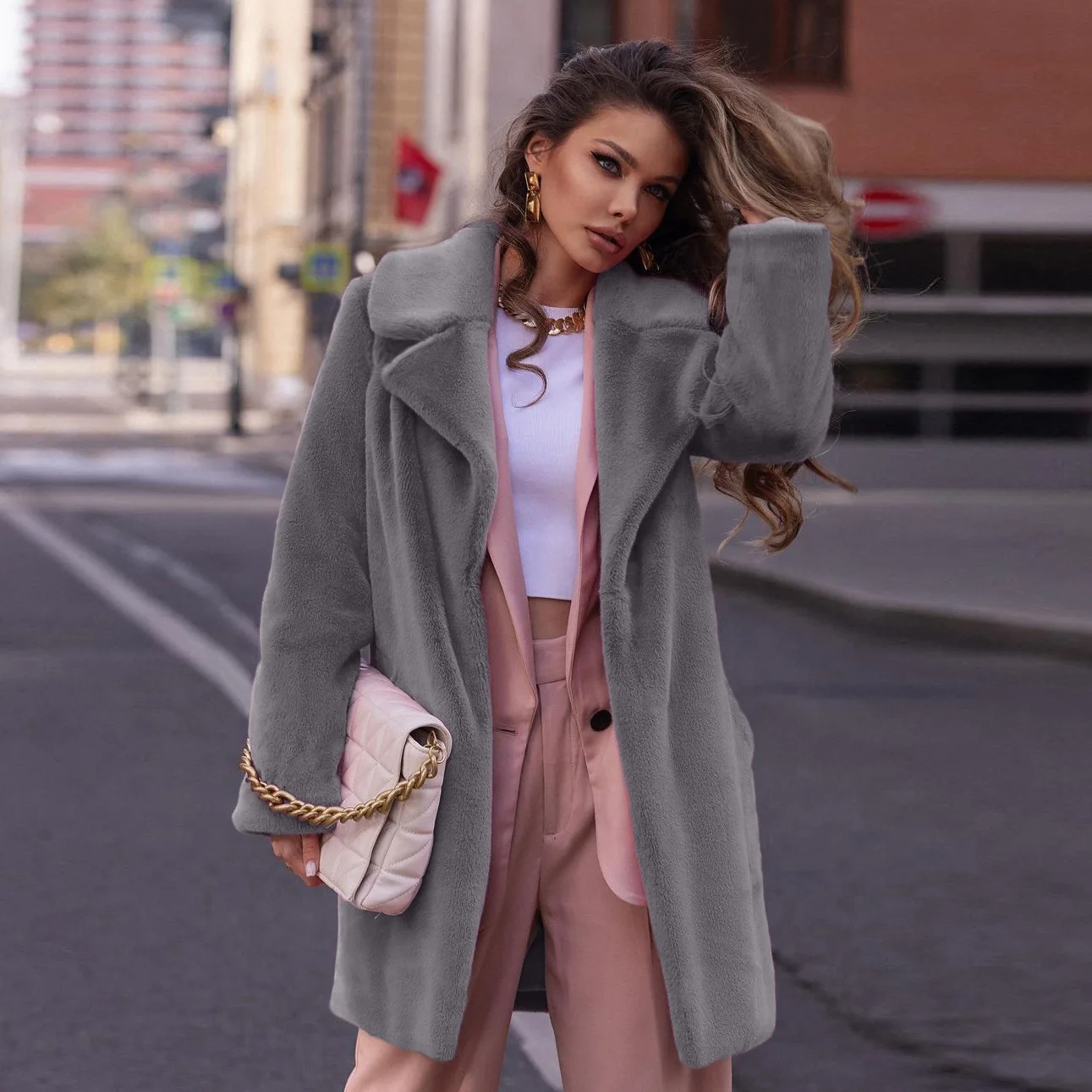 Women's Leather Fur Coat Mid-Length Imitation Fur Coat Top Women's Autumn and Winter Plush Faux Fur Coat