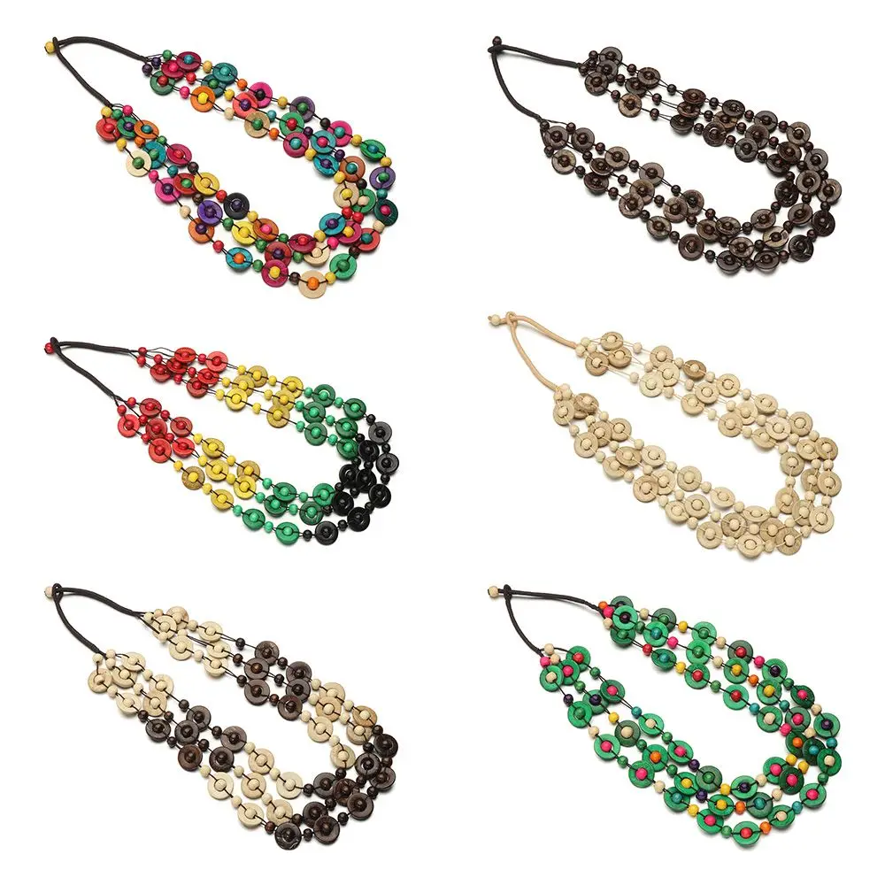 

Women Woven Gifts Vintage Coconut Shell Pendant Bohemian Ethnic Long Necklace Multi-layered