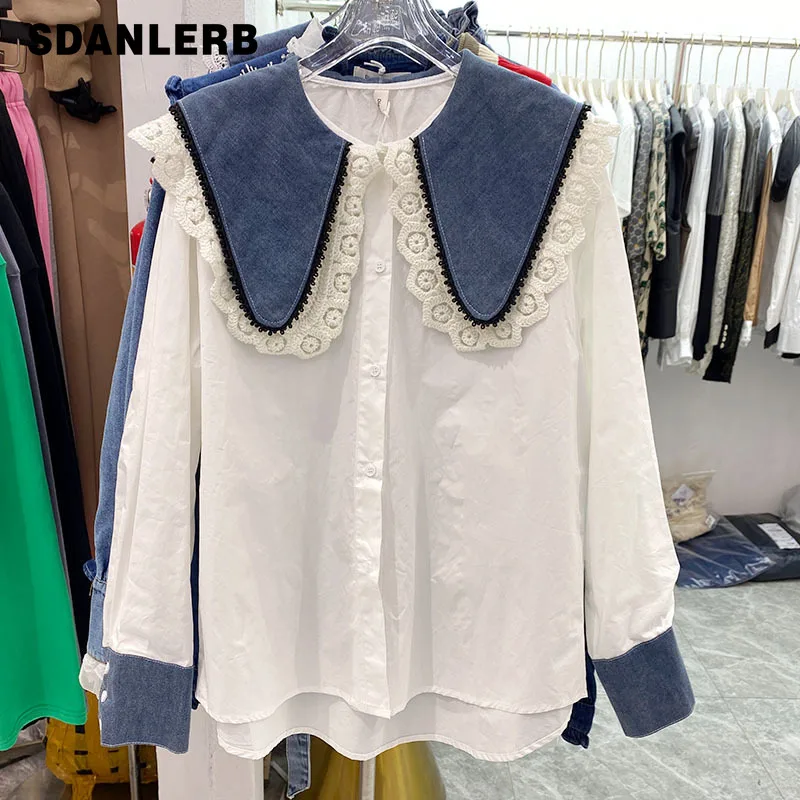 

Кружевная джинсовая рубашка с воротником «Питер Пэн», белая женская блузка свободного покроя на раннюю весну 2022, универсальные белые женск...