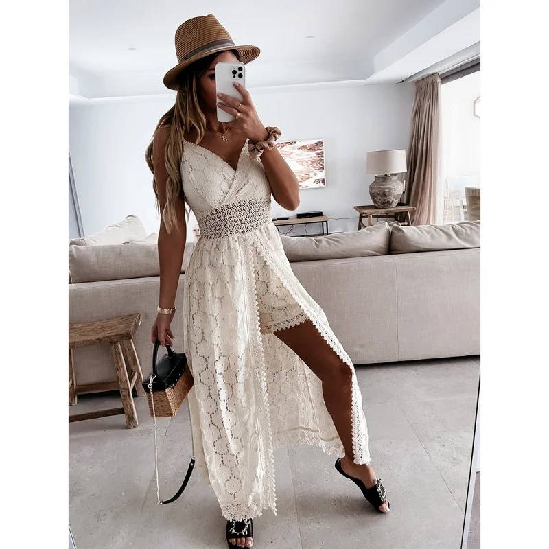 2021 Sexy Sling Stitching Casual One-piece Outfit Summer Ins Home Holiday Hollow Out Jumpsuits Women Boho Elegant Solid Loose