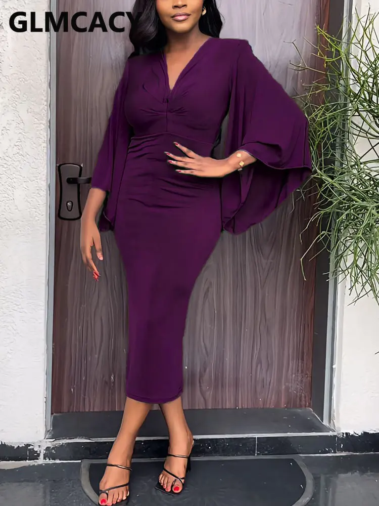 

Женское элегантное платье миди с рукавом «летучая мышь» и V-образным вырезом