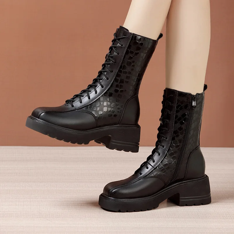 

All Match 5.5cm Med Square Heels Short Ankle Boots Platform Shoes Fall 2023 Genuine Leather Boots with Fur for Office Mom MOdel