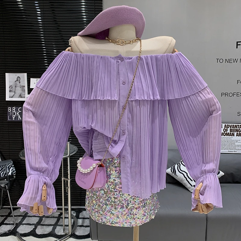 

Шифоновые рубашки с оборками в Корейском стиле, однобортные блузки с расклешенными длинными рукавами, женский топ с открытыми плечами и воротником-лодочкой, женские блузы