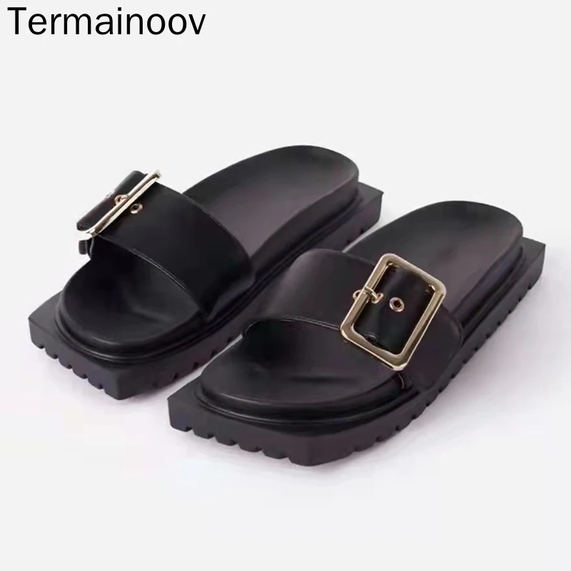

Termainoov Square Toe Women Slippers Summer New Flats Sandals Women Outdoor Belt Buckle Big Size 43 Beach Sandals Slidders