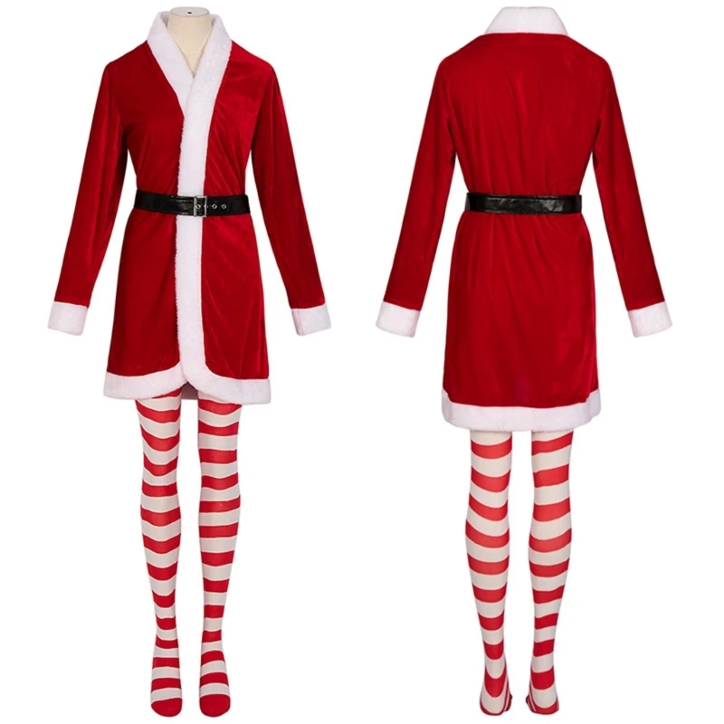 95AB 4 шт. комплект костюма Санты женский рождественский костюм платье полосатые