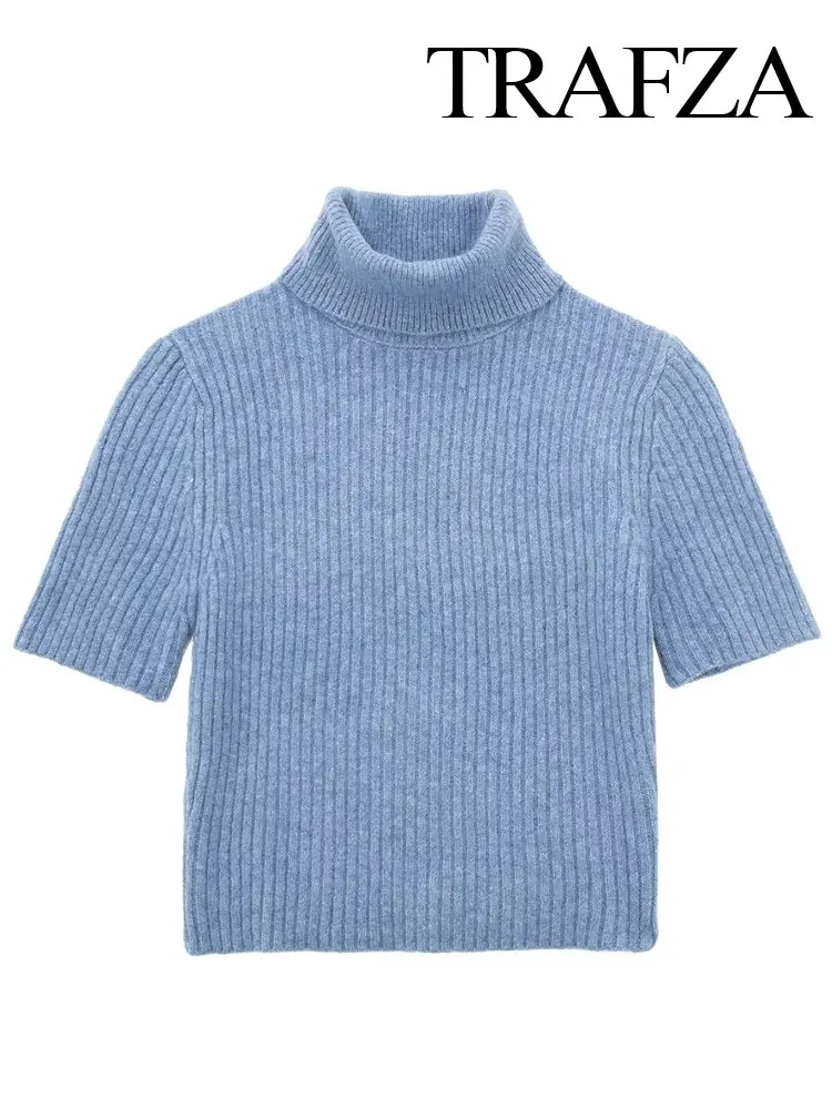 

TRAFZA Women Fashion Pullovers 2023 Knitting Blue Ribbing Turtleneck Tight Short Sweater Woman Warm England Style Female Sweater