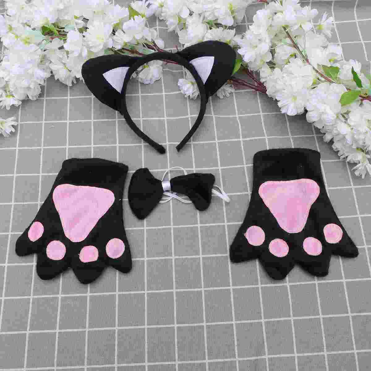 

Cosplay Cat Set Costume Headband Halloween Tail Party Gloves Girl Ears Bowtie Carnival Animal Kitten Animals Skirt Kid Black
