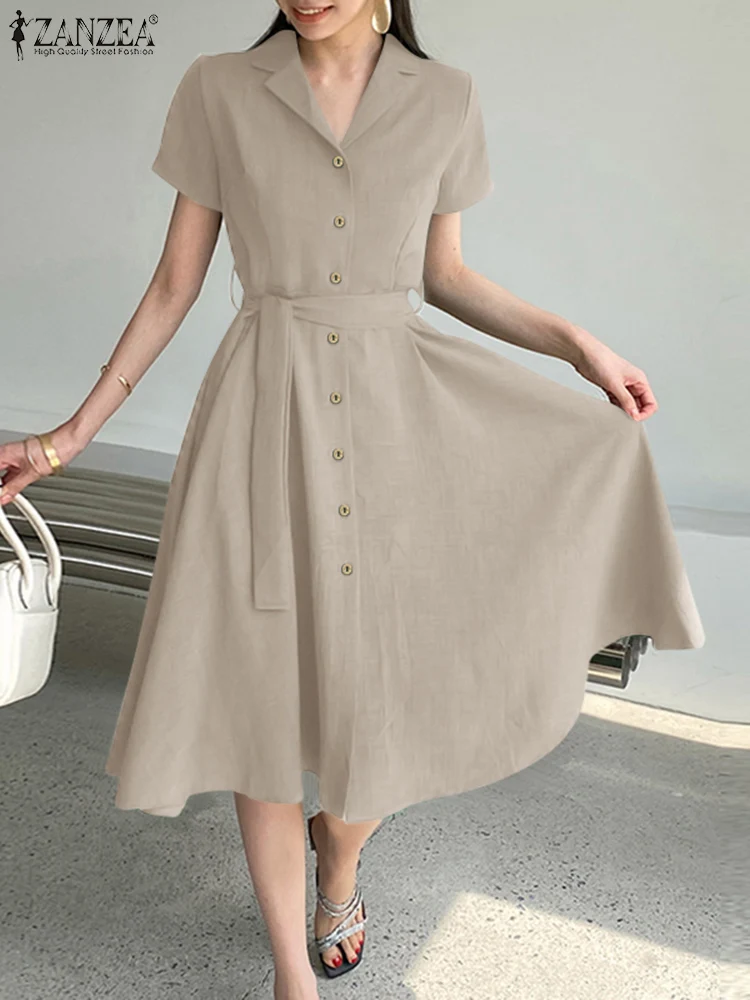 

ZANZEA 2023 Summer Holiday Dress Women Party Sundress Causal Midi Work Vestido Lapel Neck Belted Dressses Elegant Shirtdress