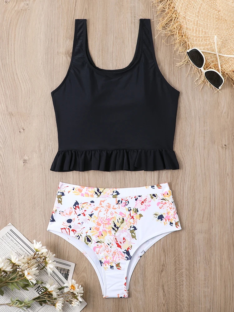 

Faskob High Waist Two Piece Bikini 2022 Woman Black Summer Vintage Swimsuit Beach Swimwear Bathing Suit S-L