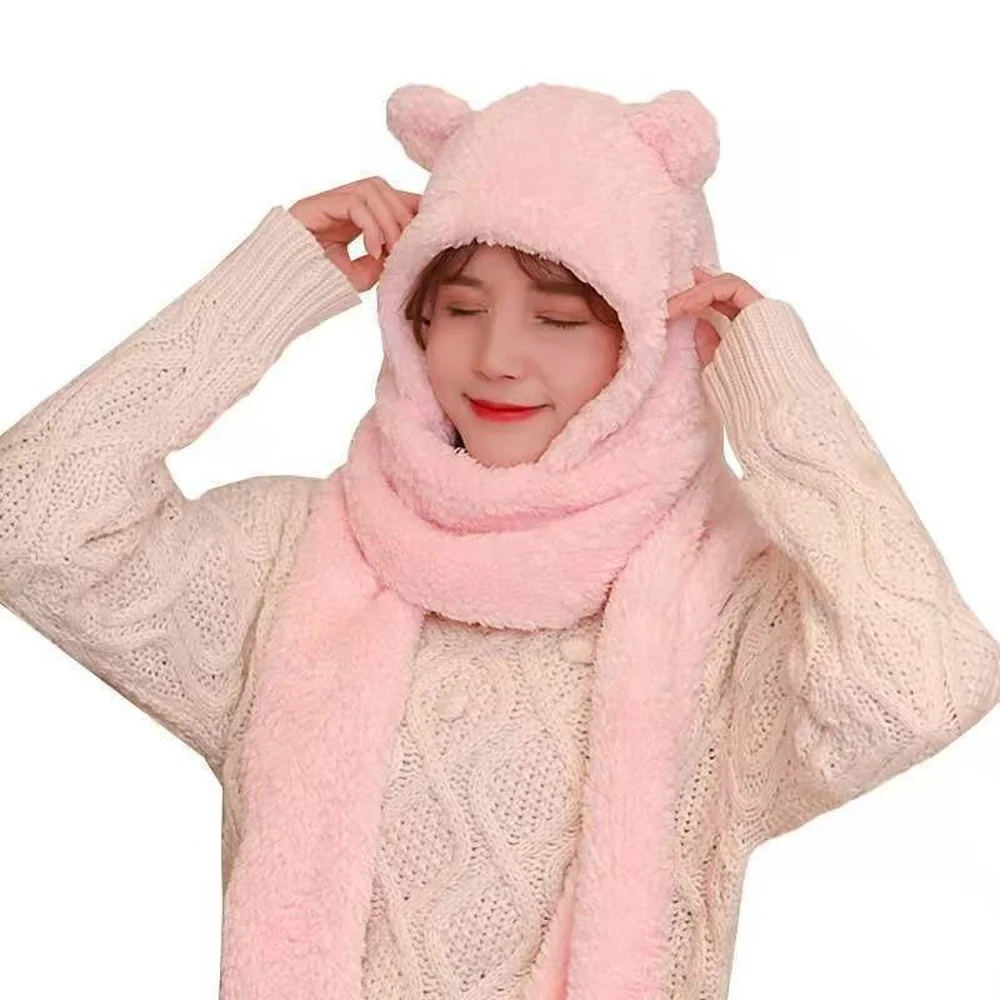

Scarf Winter Bear Hat Style Versatile Balaclava Hat Winter Warm Hat Set Cute Bear Ear Hat and Scarf for Women Pompom Fur