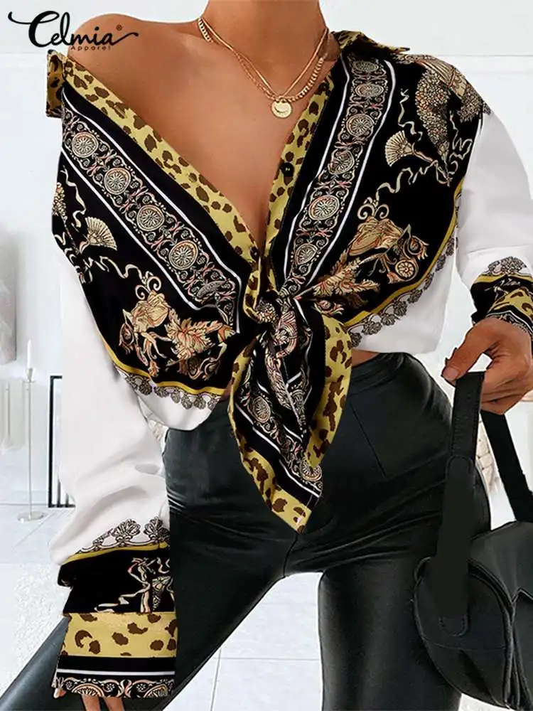 

Блузка Celmia женская с лацканами, Модный повседневный топ свободного кроя с длинным рукавом и асимметричным подолом, уличная одежда с леопард...
