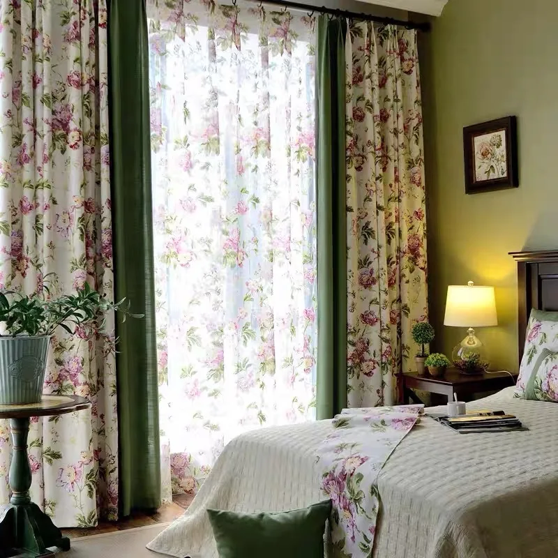 

American pastoral curtains for living room study bedroom dining retro floor-to-ceiling bay window 3d printing curtain fabric