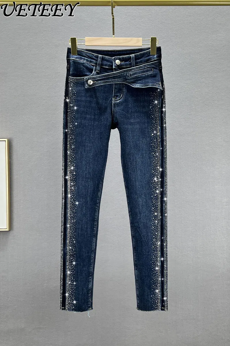

Thick Fleece Warm Skinny Pants Women's Jeans 2023 Winter New Elastic High Waist Slimming Rhinestone Pencil Pants Denim Trousers