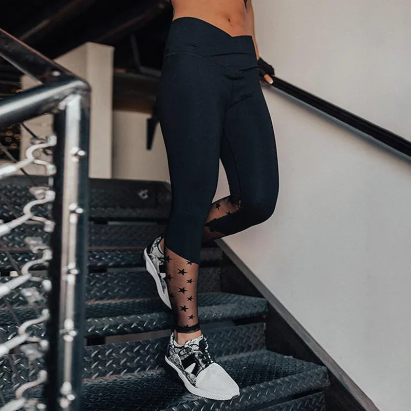 

Spring And Summer Women's Leggings New Mesh Star Stitching Ladies Leggings Mid Waist Sportswear Ladies Ankle Length Leggings