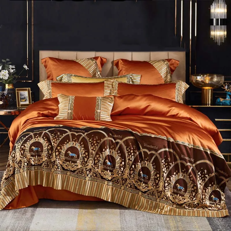 

Luxury Orange Egyptian Cotton Gold Horse Lace Edge Palace Bedding Set Brocade Duvet Cover Set Bedspread Or Bed Sheet Pillowcases