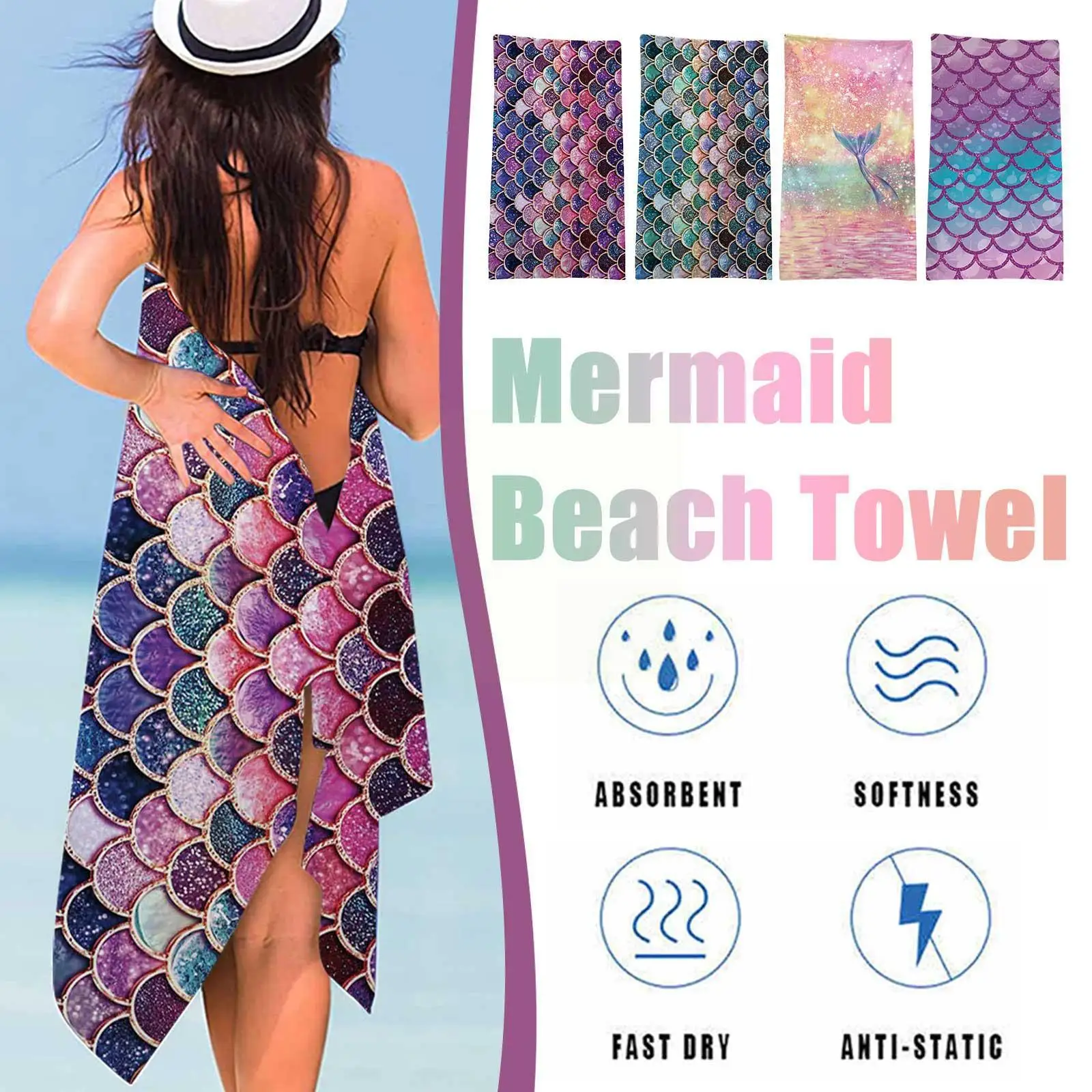 

Полотенце для плавания, инновационное банное полотенце, солнцезащитное креативное спортивное полотенце-русалка, быстросохнущая шаль с при...