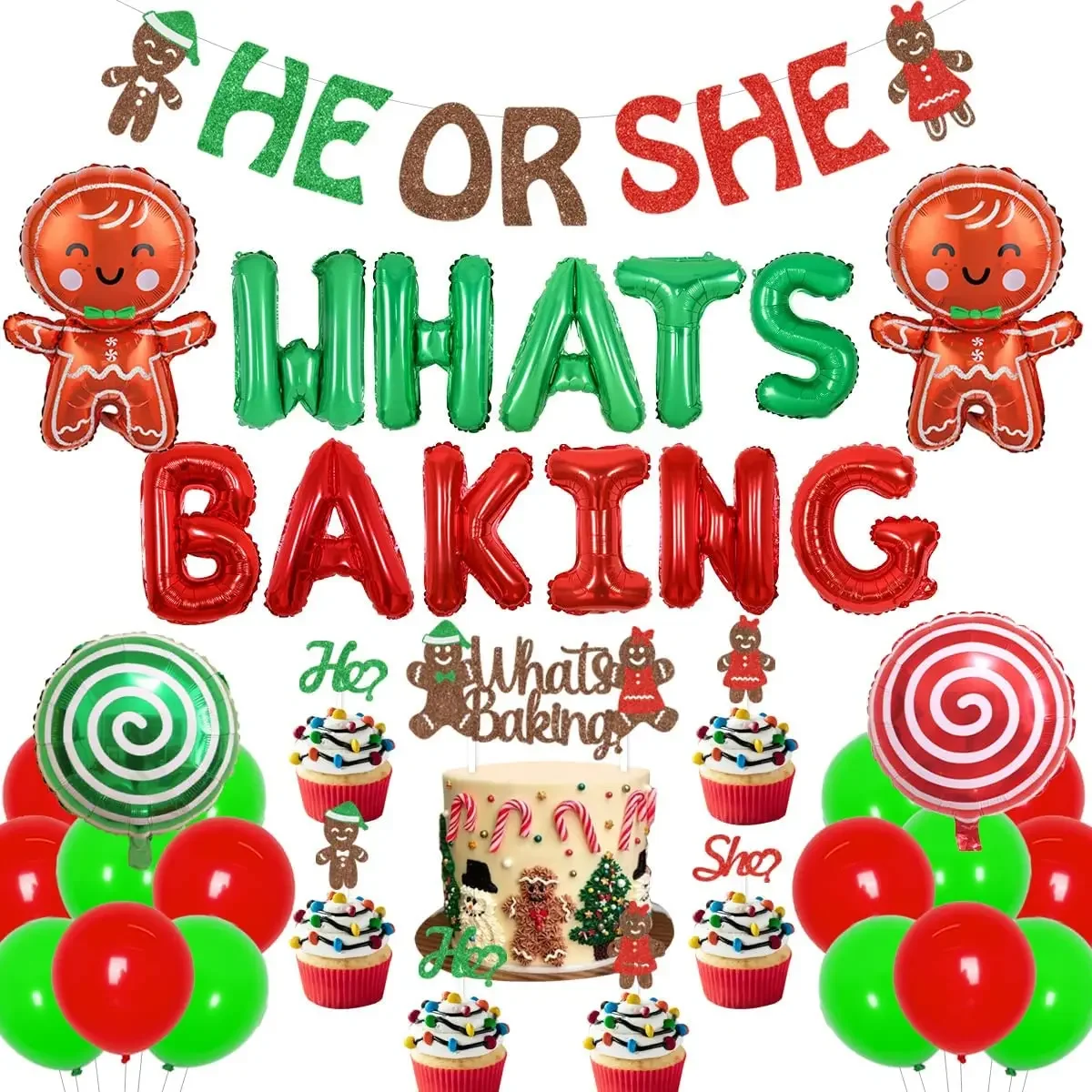 

Christmas Whats Baking Gender Reveal Themed Party Decoration He or She Banners Gingerbread Cake Toppers for Winter Gender Reveal