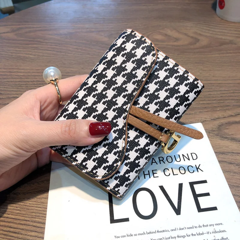 Fashion Houndstooth Card Holders Women Genuine Leather Saddle Card Bags Panelled Plaid Cowhide Female Credit Business Cards Case