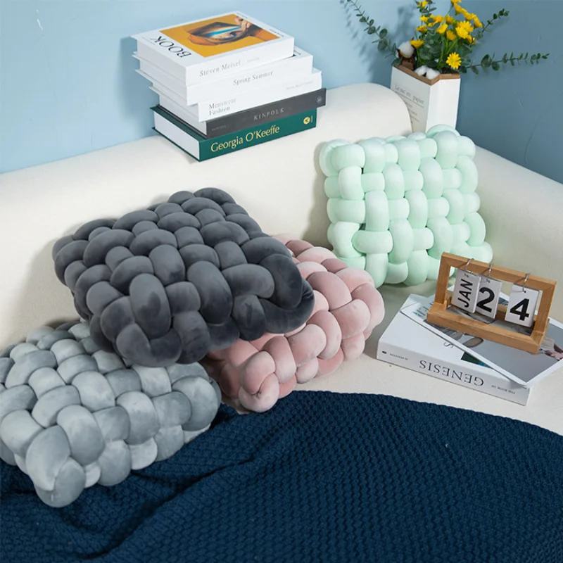 

Nordic Pillow Simple Solid Color Hand-woven Square Sofa Pillow Morandi Color Knotted Waist Pillow Winter Big Plush Floor Cushion