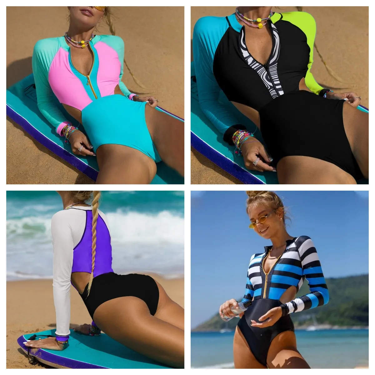 

Patchwork one piece swimsuit women's swimming suit Long sleeves swimwear female O-neck monokini Cut-out bathing suit Zipper