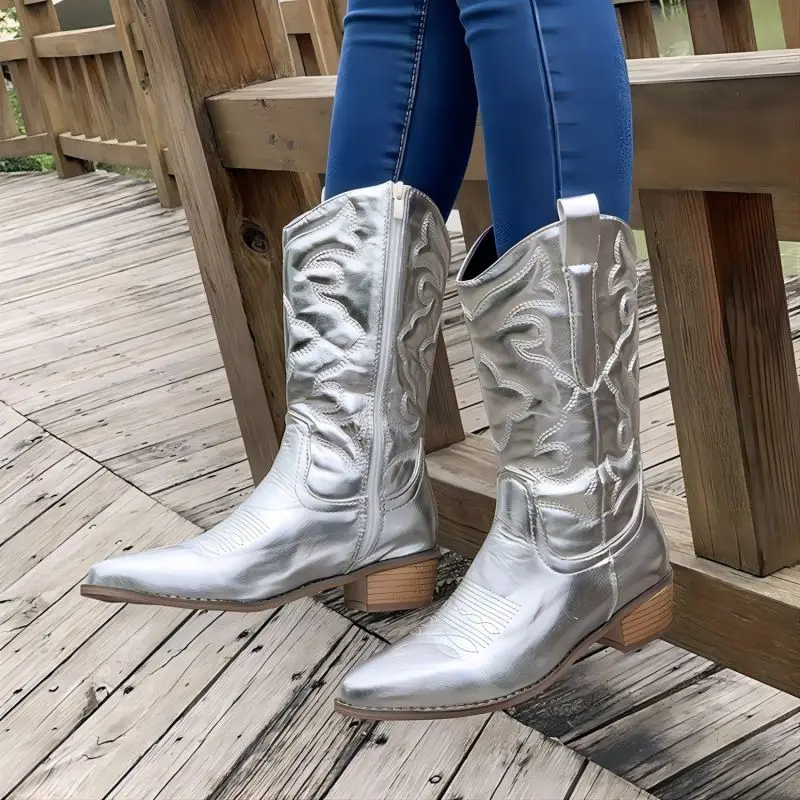 

TOPHQWS Vintage Western Cowboy Boots Women Winter 2023 Chunky Heel Shoes High Quality PU Leather Pointed Toe Mid-Calf Boots