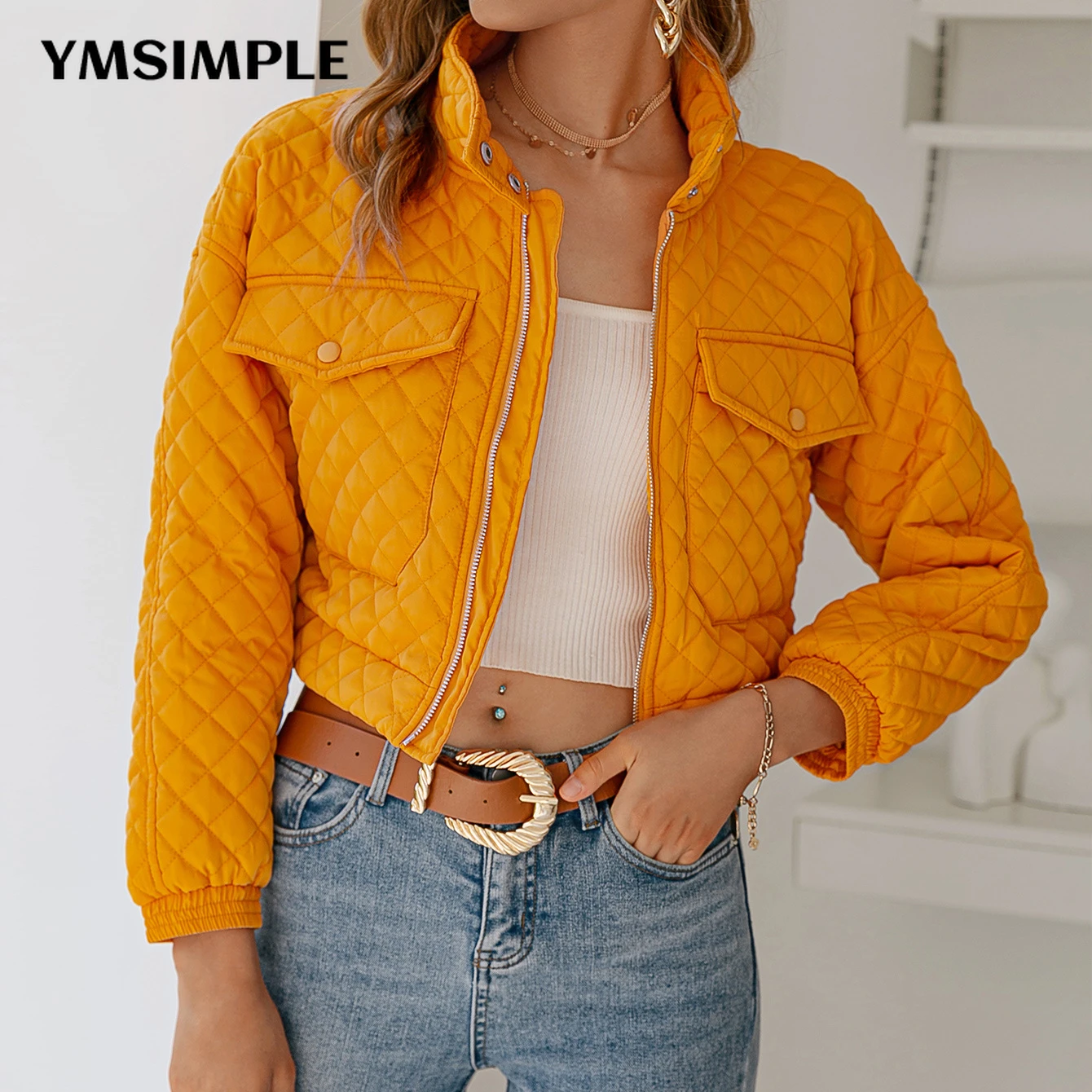 

Fashion Long Sleeve Parka Short Coat Warm Outerwear Orange Argyle Fashion Woman 2022 Stand Collar Pockets Zip Down Jacket Female