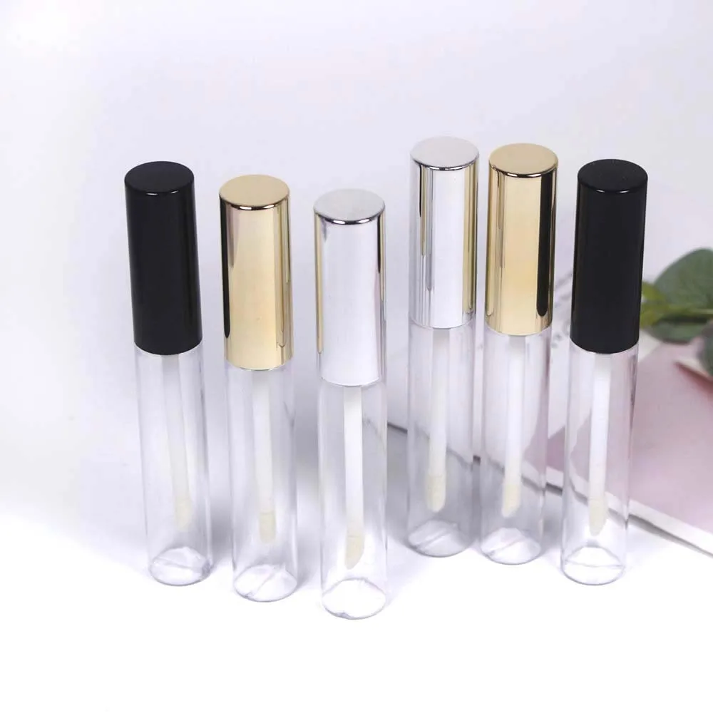 

Empty 10ml Round Clear Lip Gloss Tube with Black Gold Silver Cap Cosmetic Container Bottle 50pcs