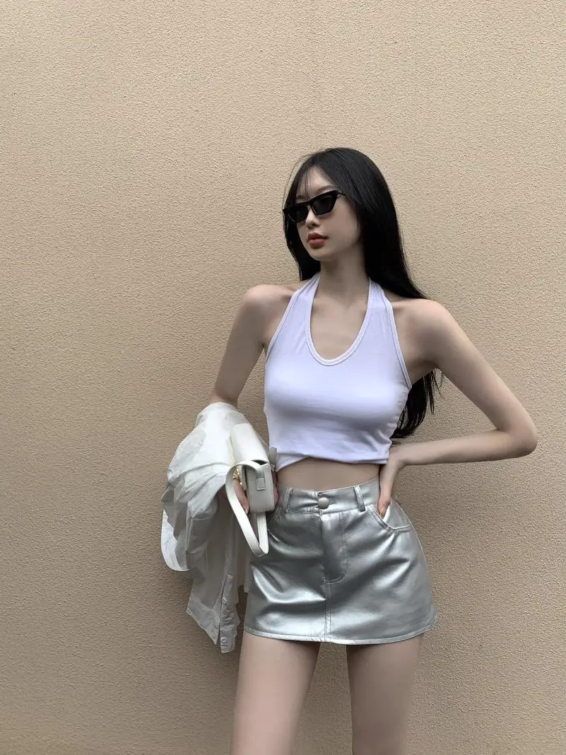 

Юбка-карандаш из ПУ кожи, облегающая мини-юбка-футляр, соблазнительная Клубная одежда с карманами, с завышенной талией, Корейская Серебристая уличная Дизайнерская одежда, на лето