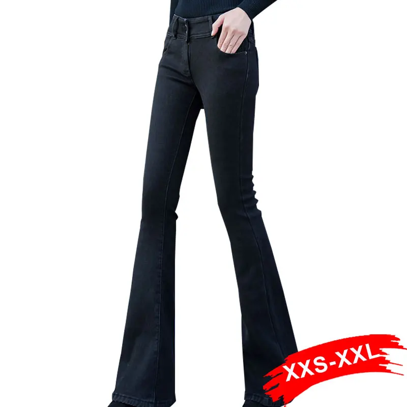 

Solid Y2k Extra Long Black Flare Jeans Pants XXL Women Vintage Stretchy Mid Waist Wide Leg Sexy Bell-Bottom Long Denim Trousers