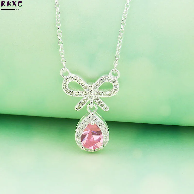 

RXBC Sterling Silver Pink Crystal Bow Necklace female ins cool wind niche design Korean net red tide collarbone chain
