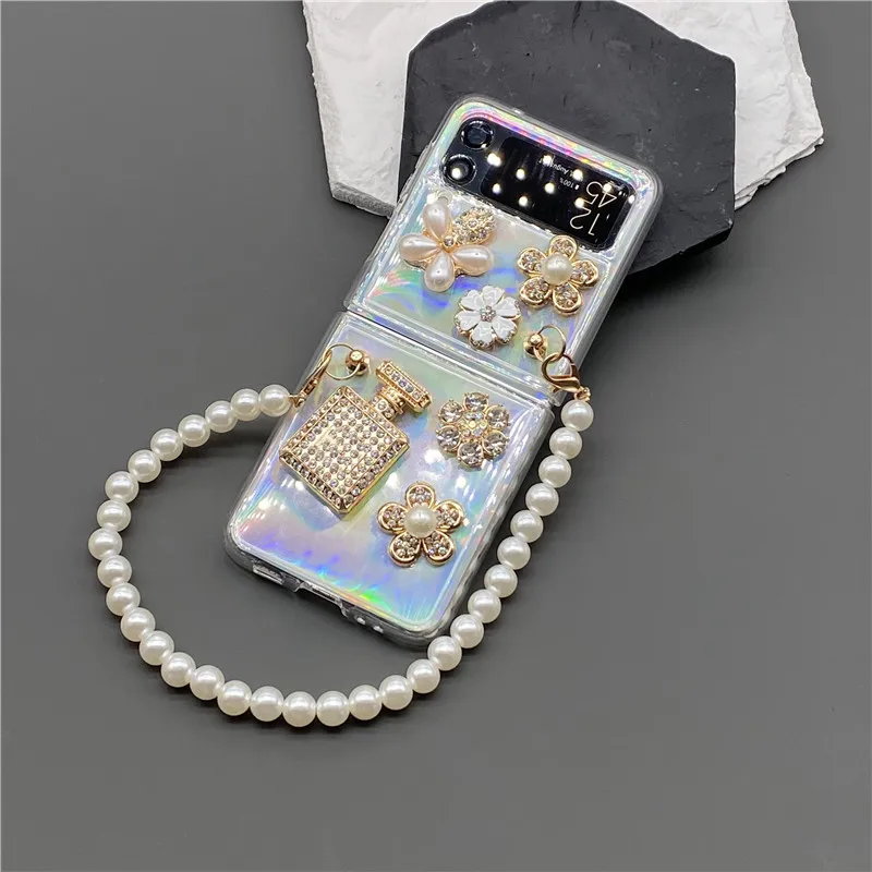 

For Samsung Galaxy Z Flip 4G 4 3 Flip4 Flip3 5G Fashion Bling Diamond Perfume Bottle Flower Pearl Hand Chain Laser Case Cover