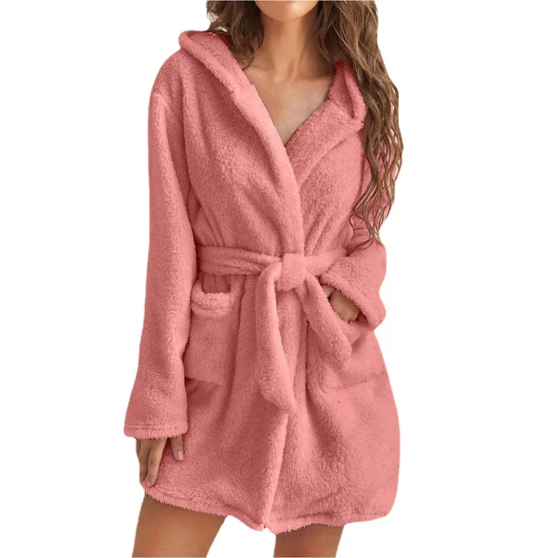 

Women Hoodies Tracksuits Nightgown Plush Fluffy Thermal Hooded Cardigan Robes Casual Pocket Loungewear Pajamas Long Bathrobes