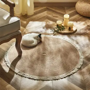 Round Woven Rugs Handmade Rattan Carpet With Tassel for Bedroom Living Room Vintage Home Decor Floor Mats Chic Room Door Mat
