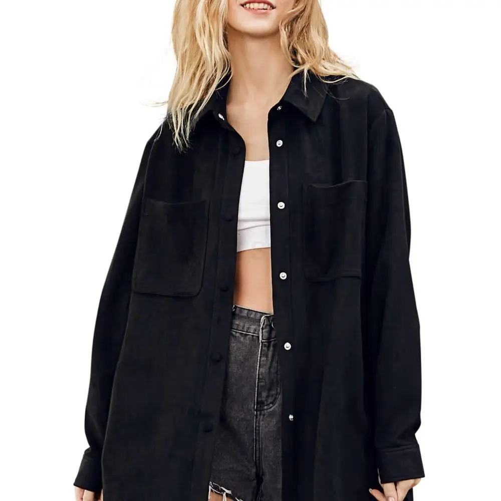 Blouses For Women Fashion Fashion Designer Elegant Chic Shirt Long Section Lapel Tcoat Button Real Suede Jacket With Pockets