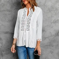 women chiffon shirt spring and autumn solid color lace high collar three quarter sleeve ladies fashion casual tops