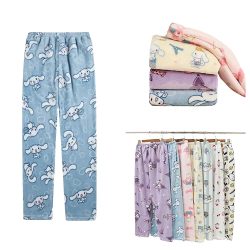 

Fashion Sanrio Pajamas Pants Cartoon Anime Hello Kitty Y2K Pants Flannel Women Warm Woolen Kawaii Casual Home Wear Pants