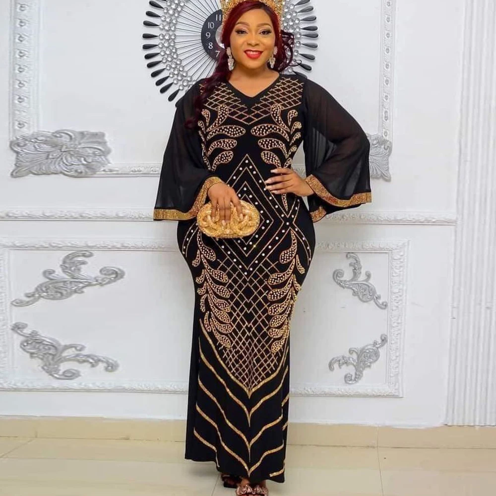 

MD Dresses For Women 2022 Elegant Wedding African Ankara Outfits Long Sleeve Maxi Robe Dashiki Stones Shiny Evening Dress Boubou