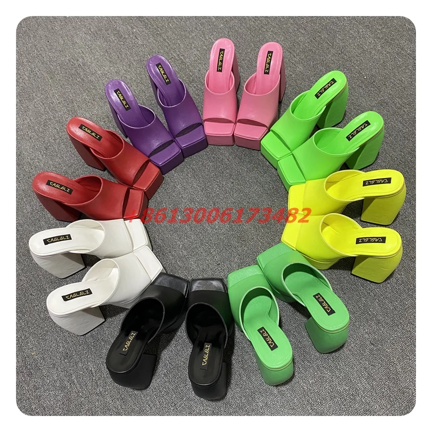 Женские шлепанцы конфетных цветов квадратный каблук платформа открытые Тапочки