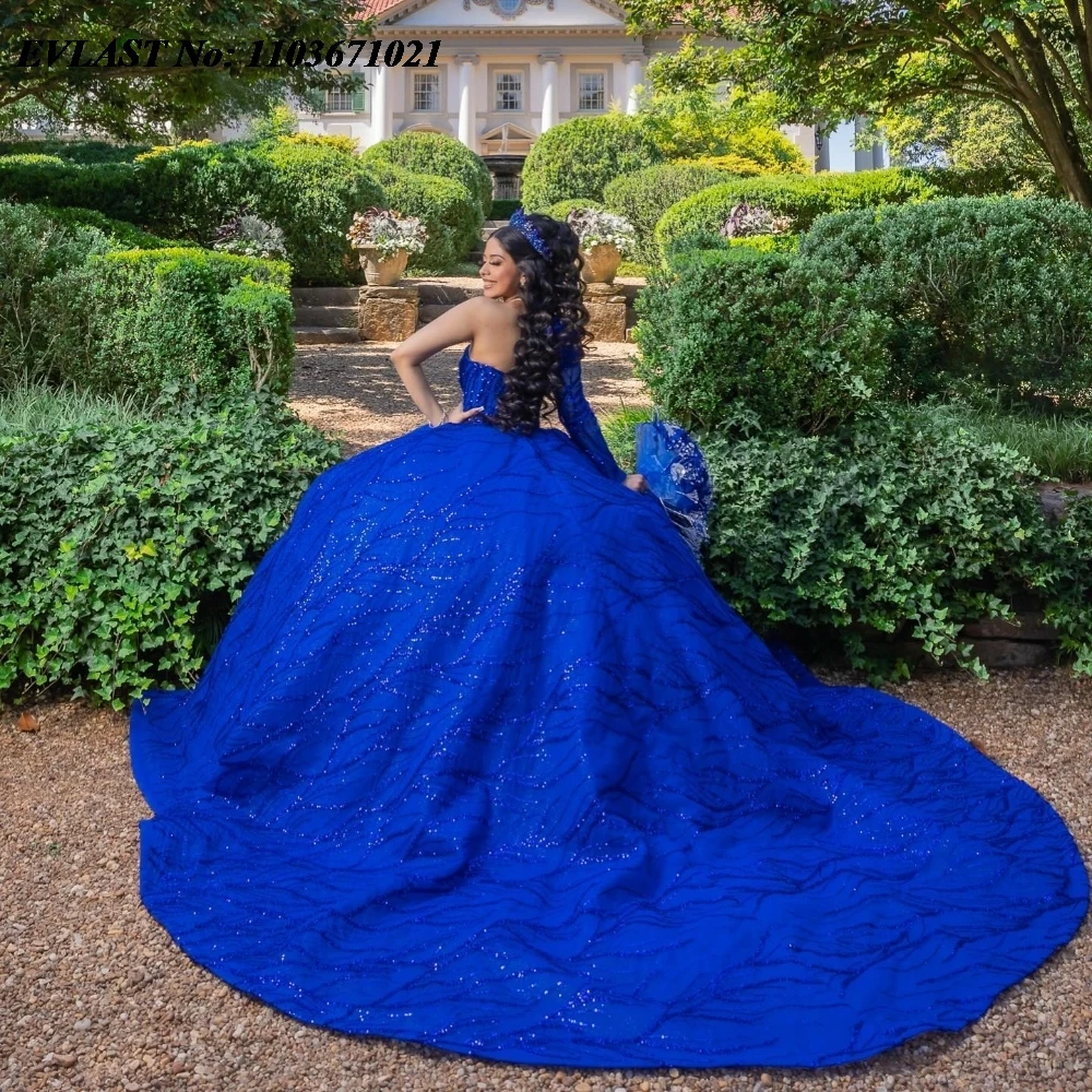 EVLAST 2025 Королевское синее платье Quinceanera бальное кружевная аппликация корсет из