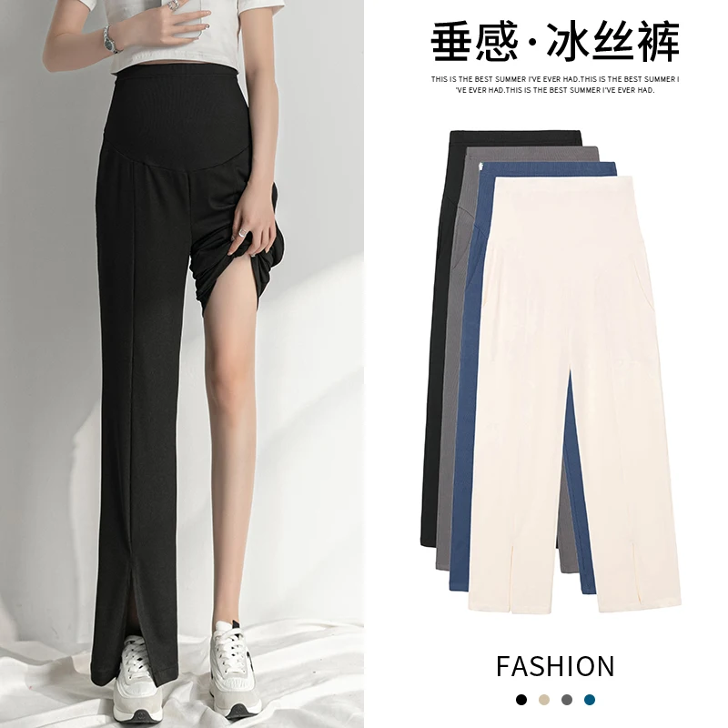 

1103# Summer Ice Cool Straight Maternity Long Pants Side Splits Wide Leg Loose Belly Clothes for Pregnant Women OL Pregnancy