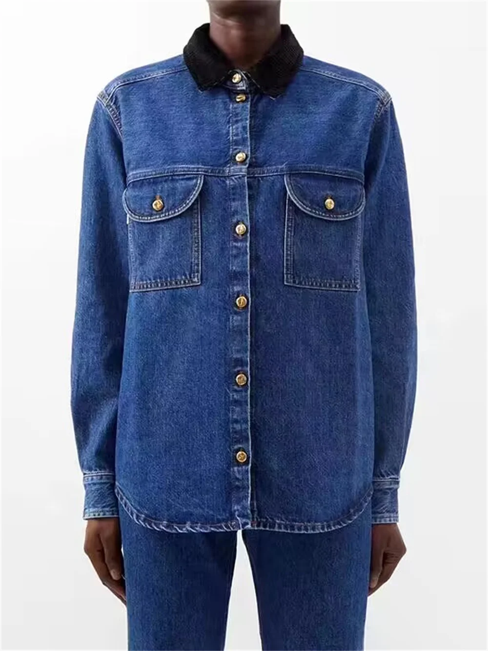 

Женская джинсовая Вельветовая куртка в стиле пэчворк, новинка 2023, женское однобортное винтажное пальто с отложным воротником для ранней осени