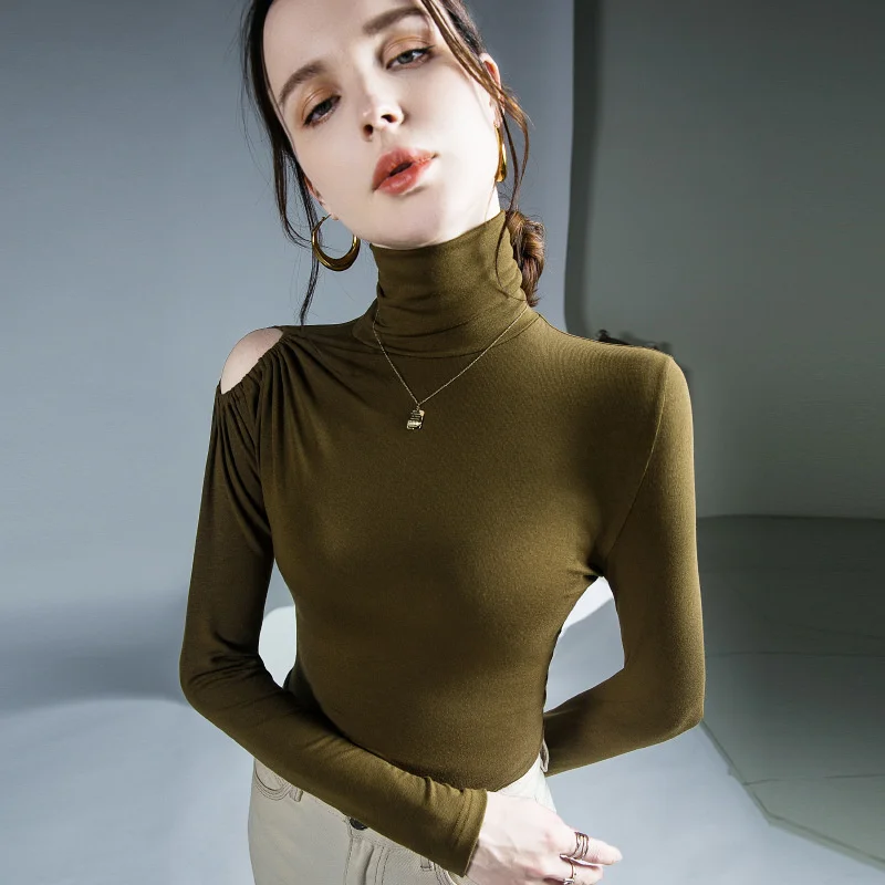 

#6232 Turtleneck Tshirts For Women Skinny Slim Office Lady Bottoming Tee Shirt Ladies Female Girls Long Sleeve Cotton Hollow Out